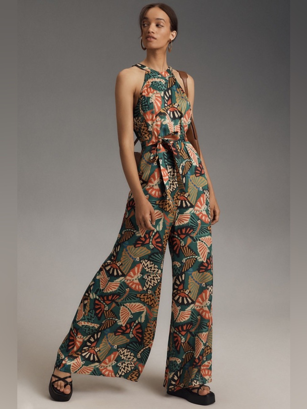 FARM Rio Teal, Orange & Green Printed Halter Wide-Leg Jumpsuit